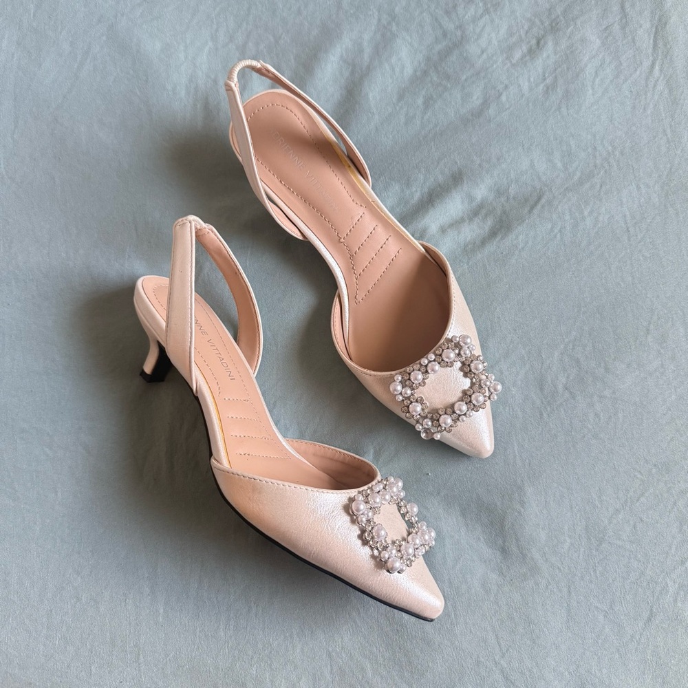 Adrienne Vittadini White Pearl-Embellished Slingback Kitten Heels